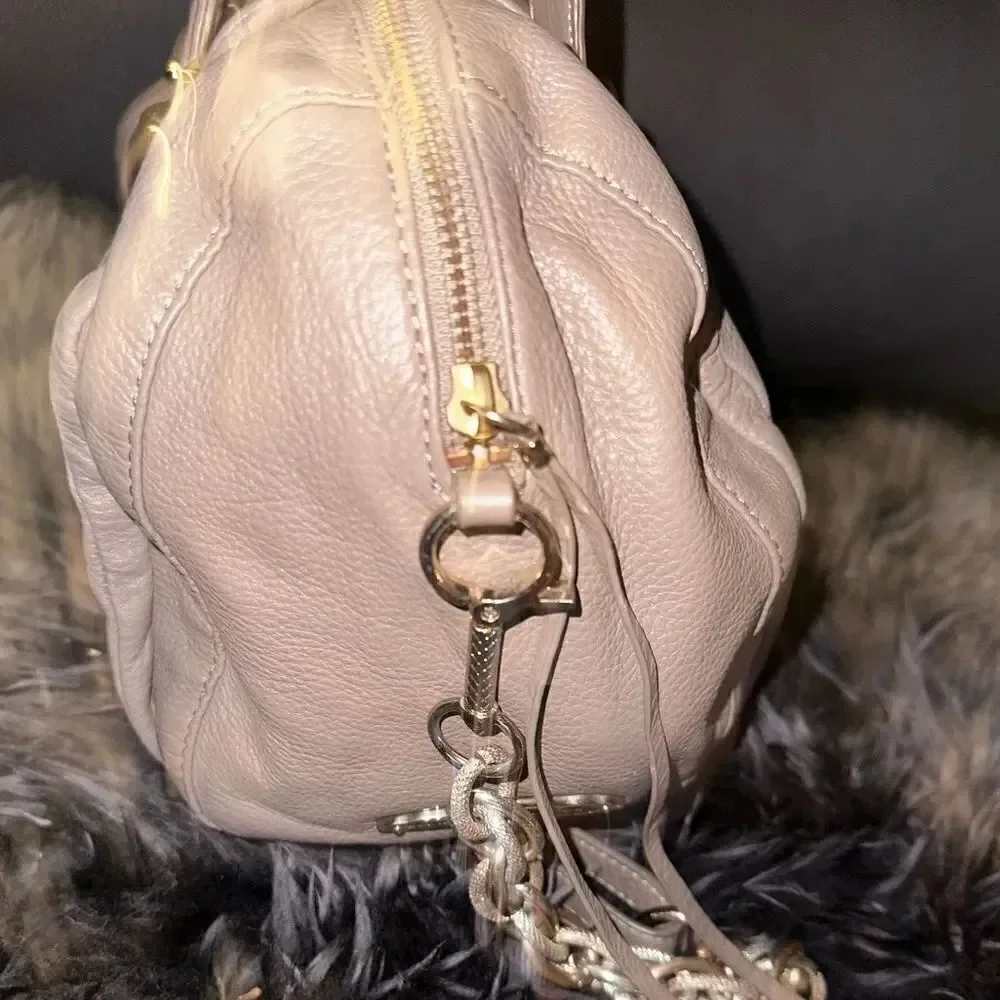 ELLIOTT LUCCA Pebbled Leather Belted Grey Hobo Shoulder Bag Chain Detail